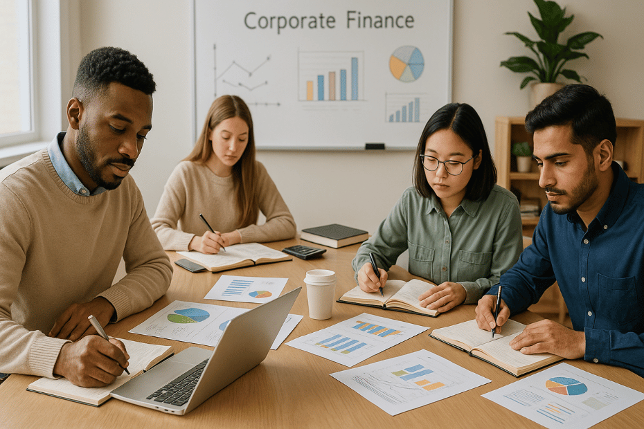 Business students learning corporate finance