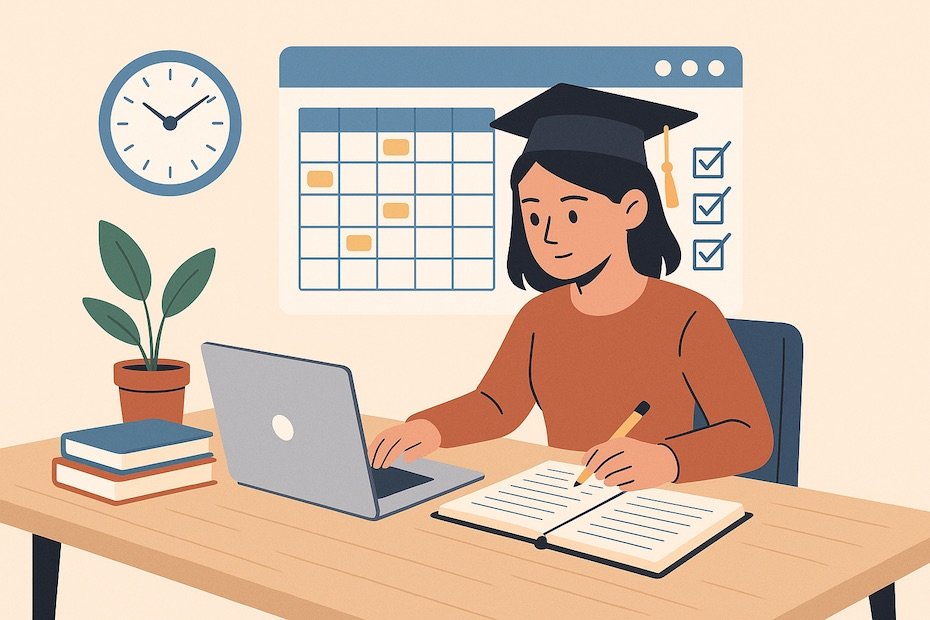 Graduate student using a digital planner and checklist while studying with books and a laptop.