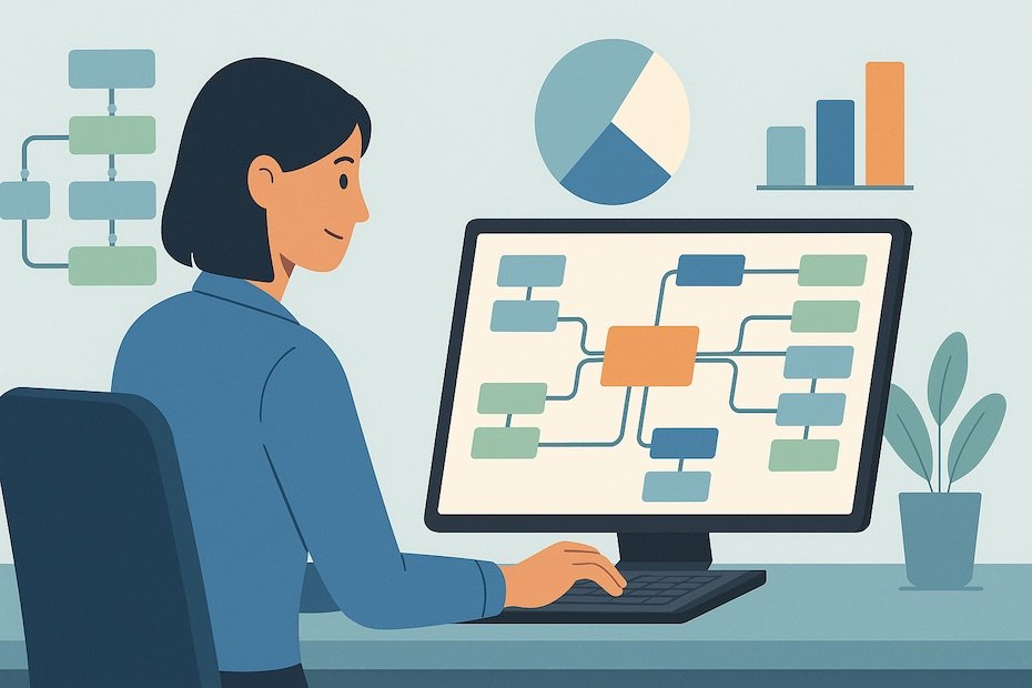 A professional using mind mapping software to create business planning visuals with diagrams and strategy nodes.