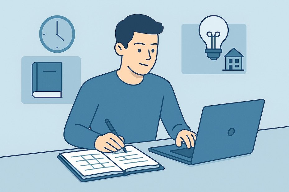 Student founder managing academics and startup tasks with structured time management strategies on laptop and planner.