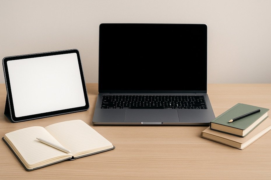 A clean study desk with a tablet, laptop, and notebooks arranged neatly to represent personalized digital learning.