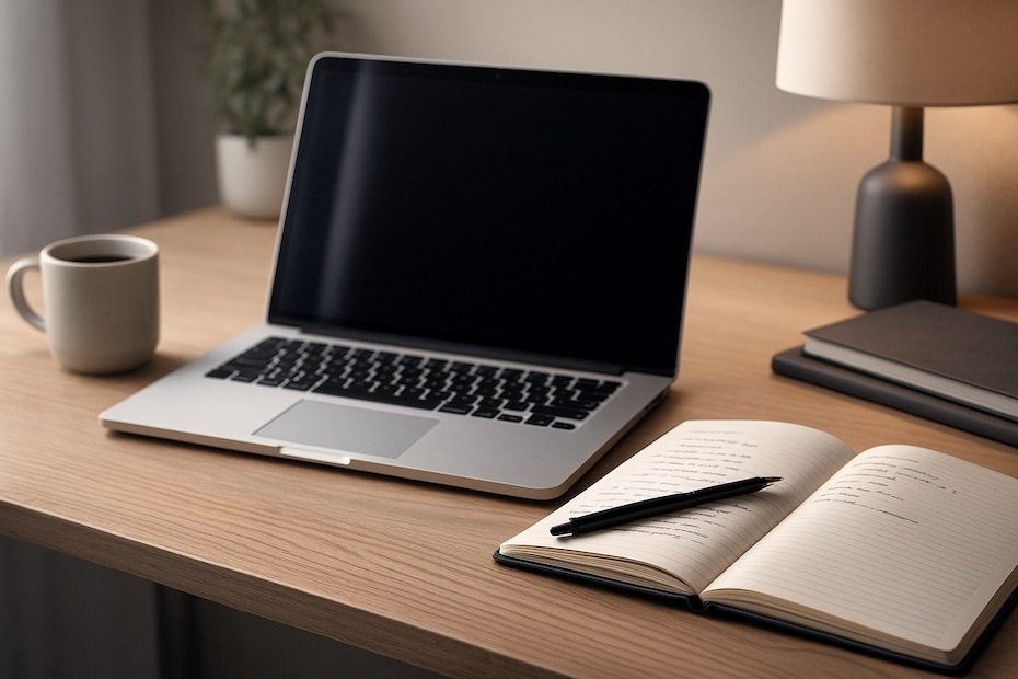 Modern workspace with laptop and notebook illustrating small business CRM planning.
