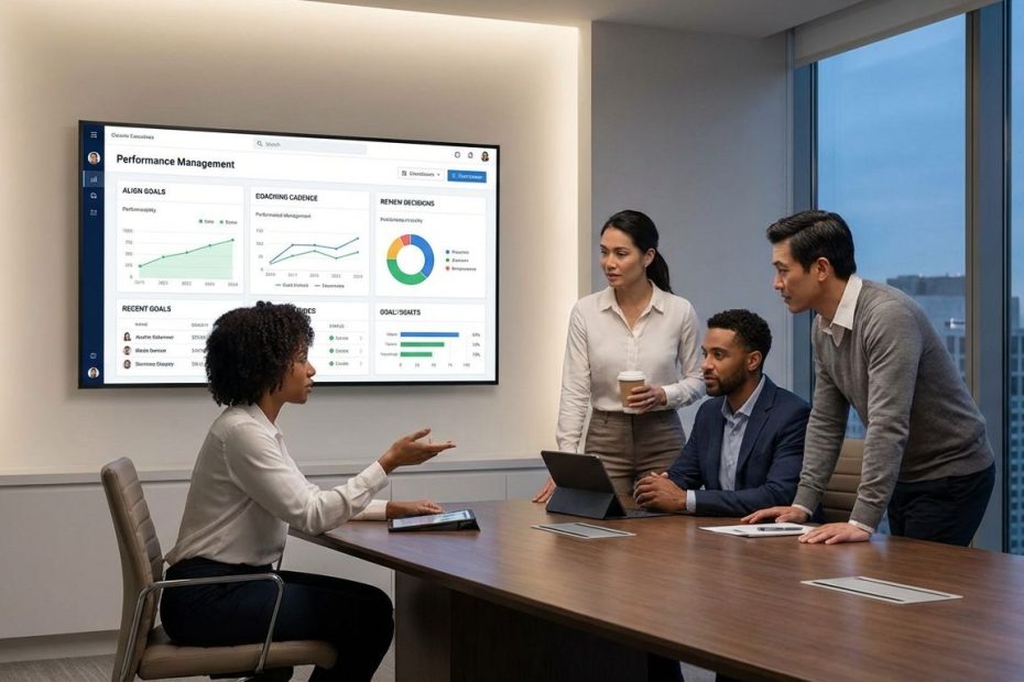 Leaders reviewing performance management software dashboards with goal progress and feedback data on a laptop in a meeting.