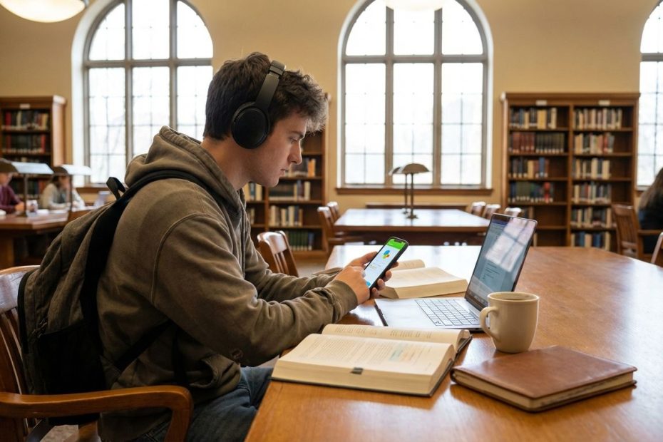 College student using language learning apps on a smartphone while studying at a campus library desk
