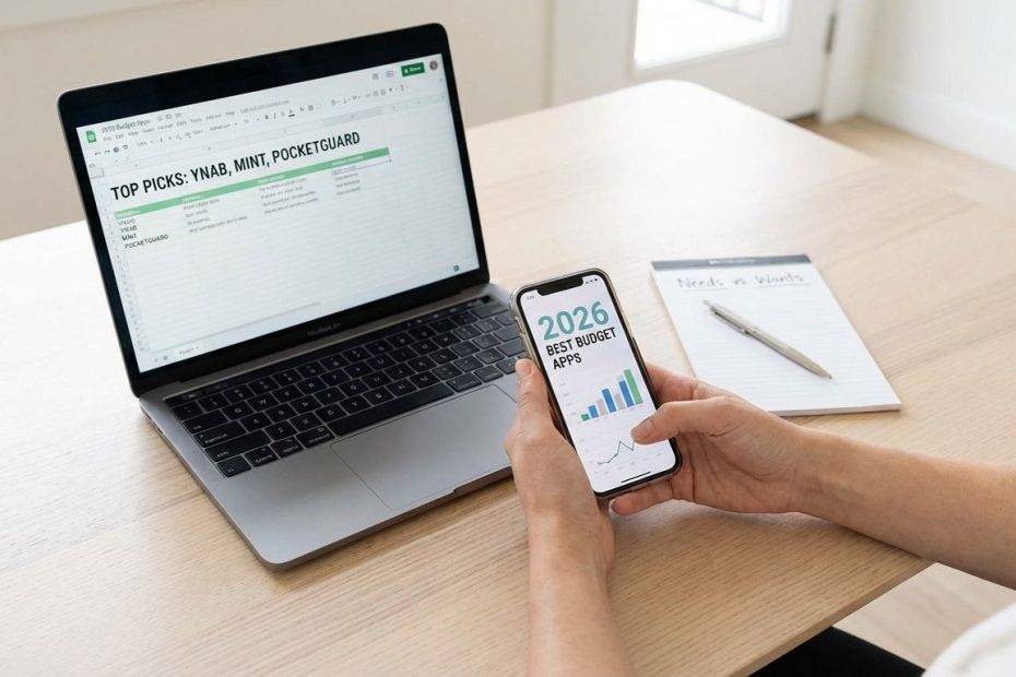 Person reviewing budgeting apps on a smartphone beside a laptop and monthly budget notes