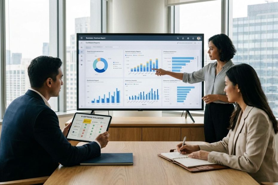 Business team reviewing dashboards and charts on a large screen while comparing business intelligence software tools