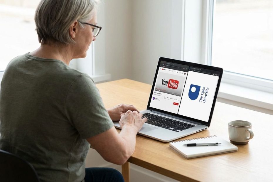 Adult learner studying on a laptop with online course videos and university materials at home