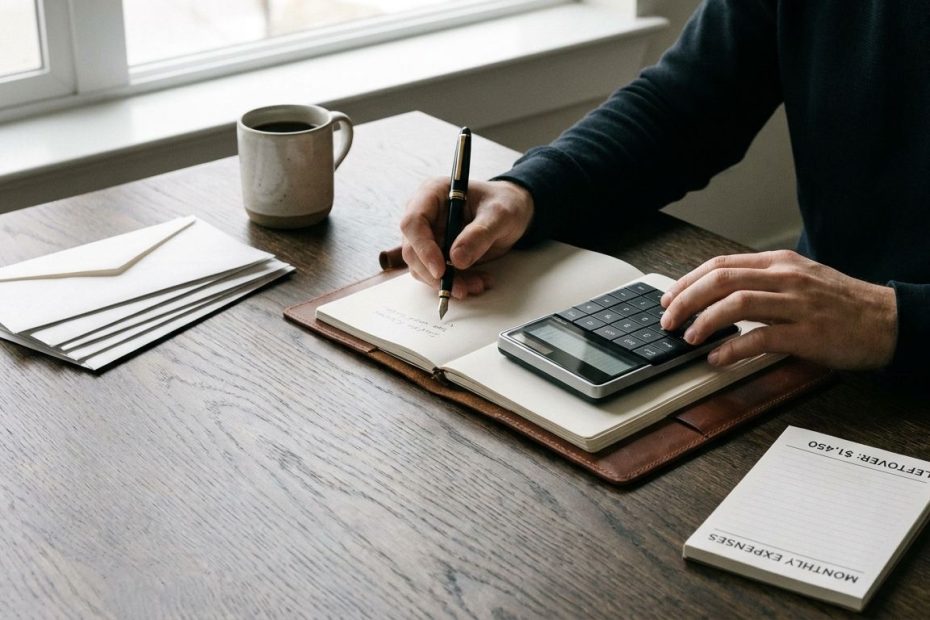 Person reviewing a monthly budget and calculating how much money is left after paying bills