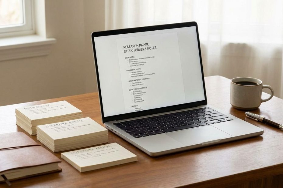 Graduate student organizing a research paper outline at a desk with notes and a laptop