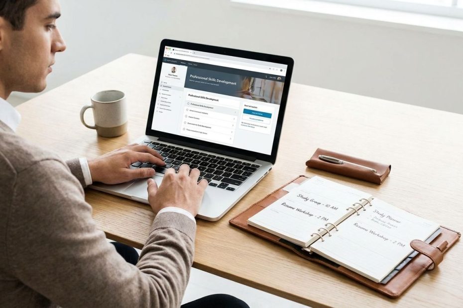 College student working on a laptop and planner at a desk to build professional skills while studying full-time
