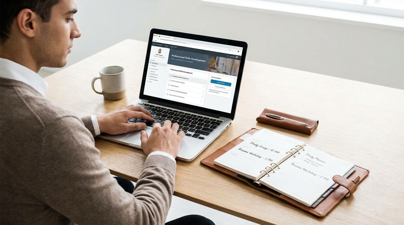 College student working on a laptop and planner at a desk to build professional skills while studying full-time