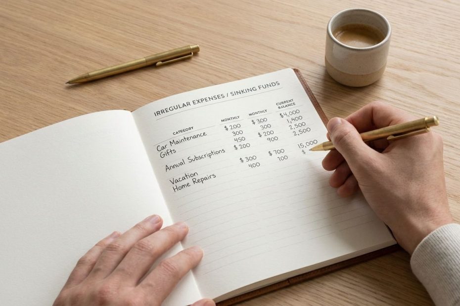 Person reviewing a monthly budget with sinking fund categories for irregular expenses like car repairs, home maintenance, and annual bills