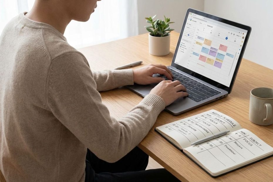 A student organizing a weekly study plan in a notebook beside a laptop
