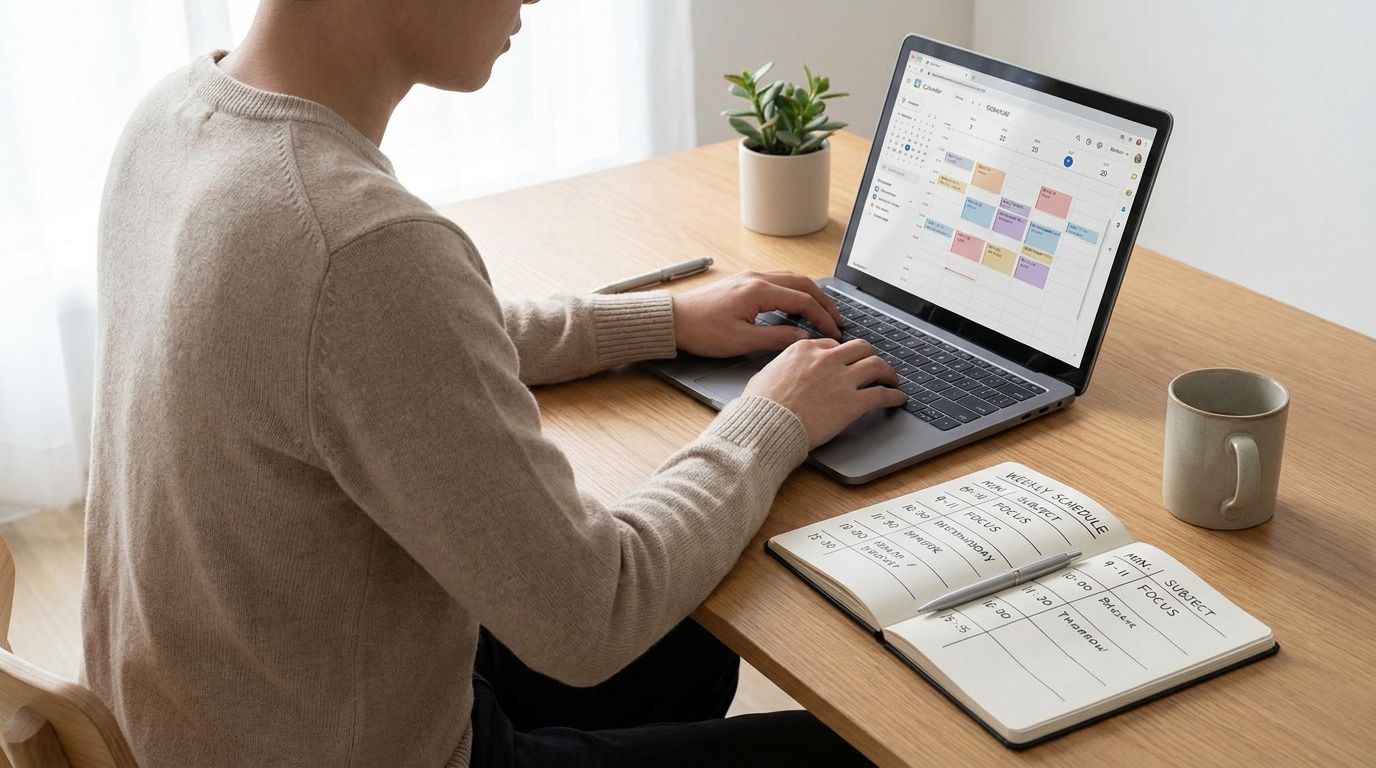 A student organizing a weekly study plan in a notebook beside a laptop