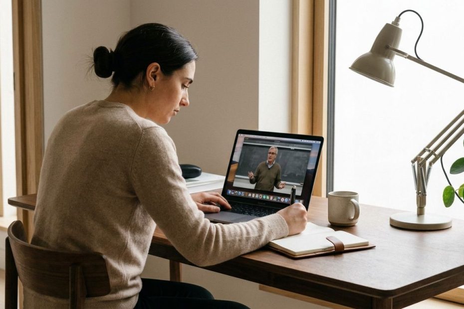A student taking notes and staying focused during a long online class on a laptop