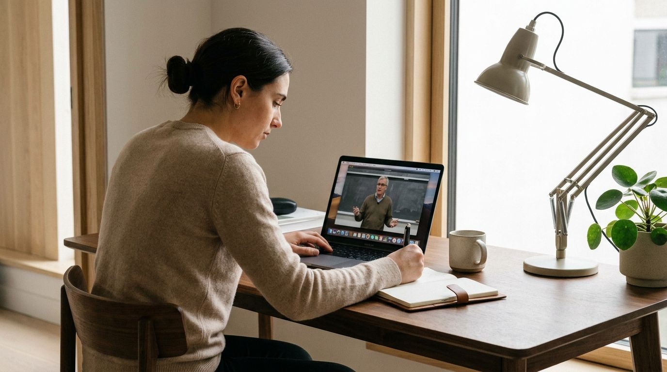 A student taking notes and staying focused during a long online class on a laptop