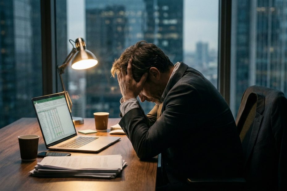 A stressed consultant reviewing slides with a laptop at a busy office desk