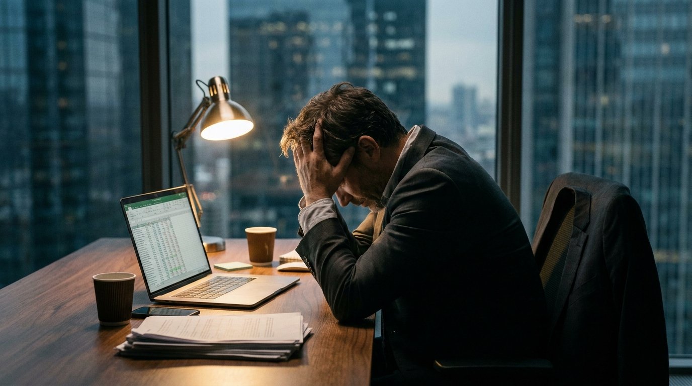 A stressed consultant reviewing slides with a laptop at a busy office desk