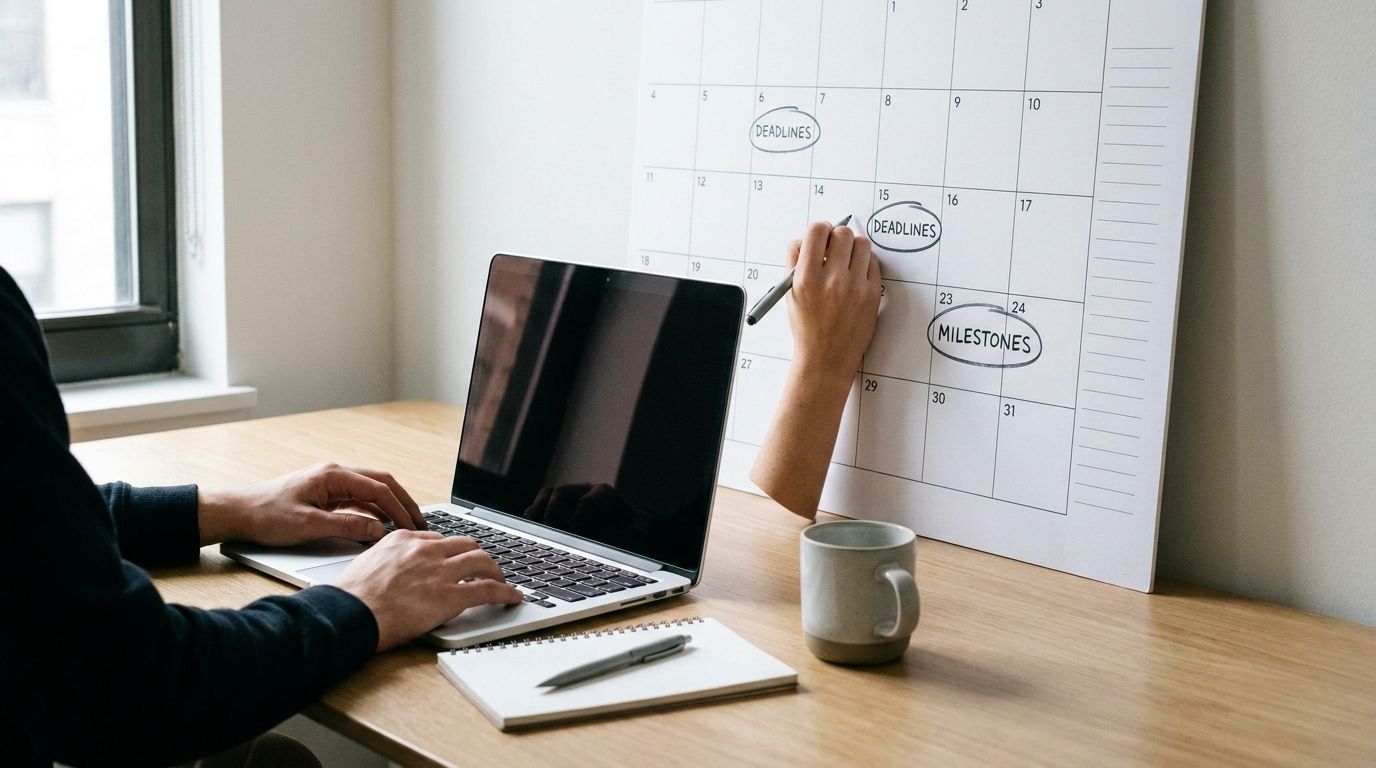 Student planning semester deadlines with a notebook, calendar, and laptop at a study desk