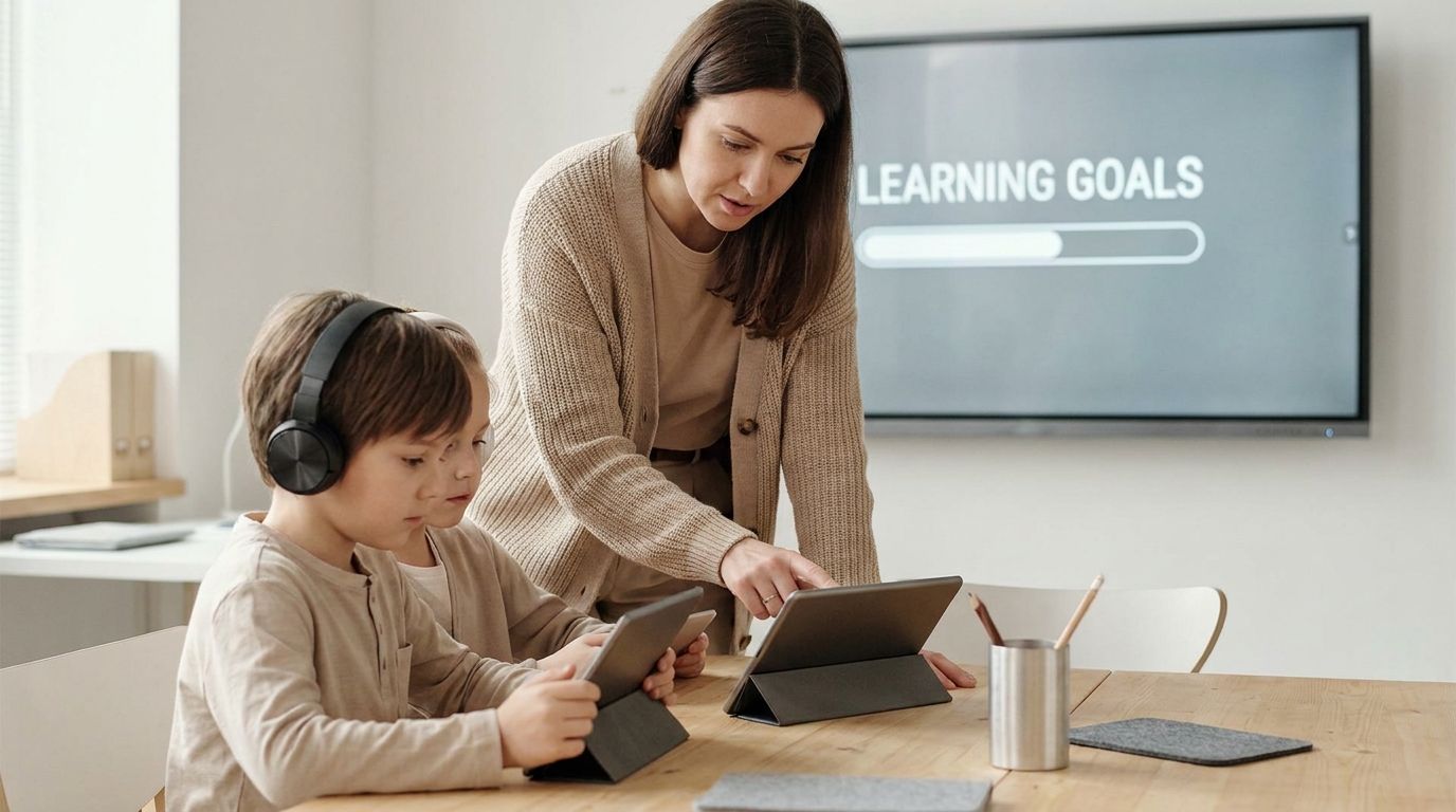 Teacher guiding students using laptops for focused classroom learning