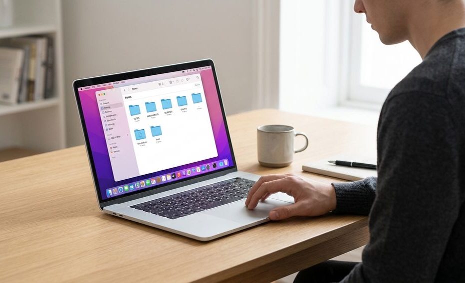 College student organizing course folders and files on a laptop