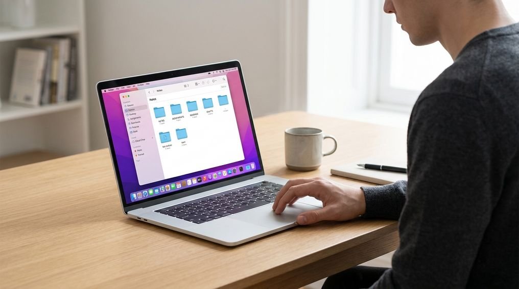 College student organizing course folders and files on a laptop